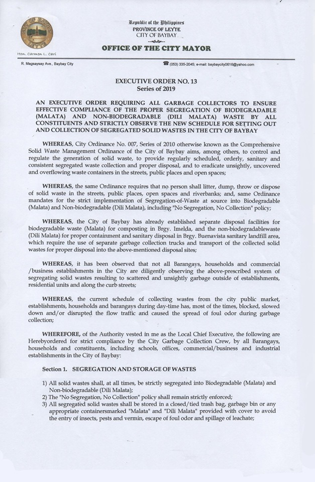 EO No. 13, S. 2019 – Schedule for setting out and collection of segregated solid wastes in the City of Baybay