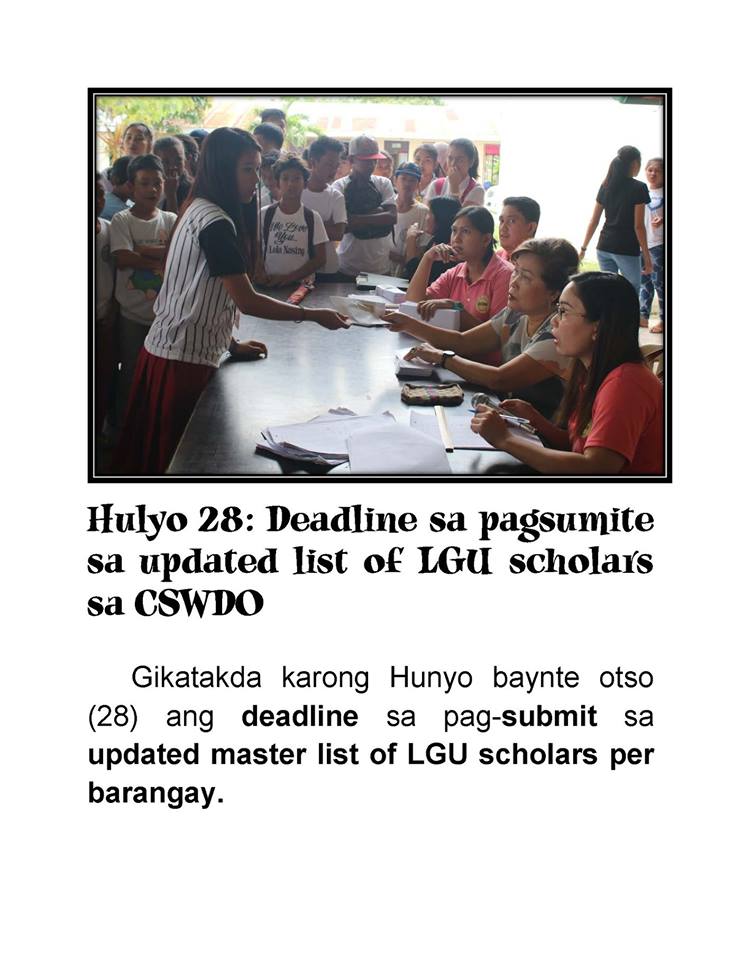 Deadline for the submission of Updated Masterlist of LGU Scholars