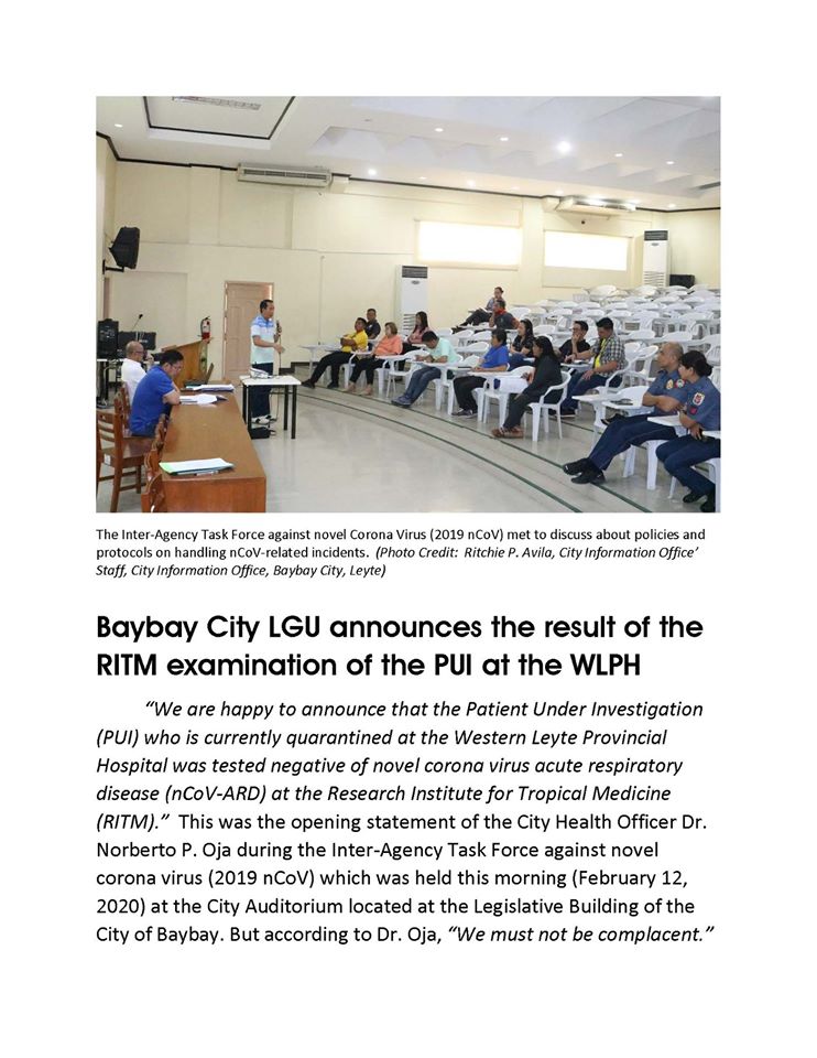 Baybay City LGU announces the result of the RITM examination of the PUI at the WLPH