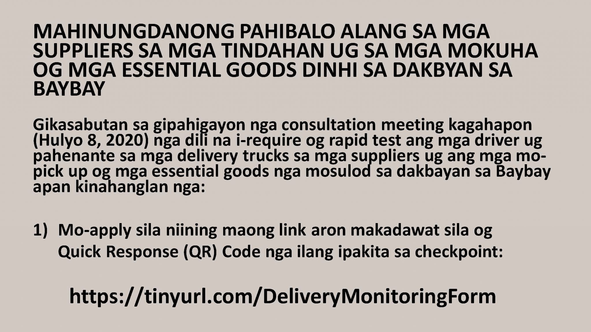 QR Code for Essential Goods and Supply Deliveries — City of Baybay, Leyte